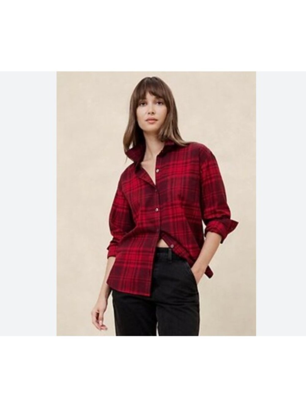 Banana Republic Factory Classic Flannel Shirt Red Plaid Long Sleeve Button Up M
